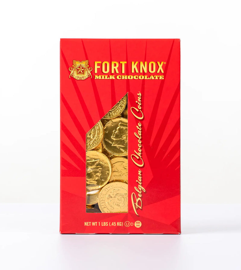 Fort Knox® Tower Box Milk Chocolate Belgian Chocolate Coins Net Wt 1 lbs (.45kg) front of package