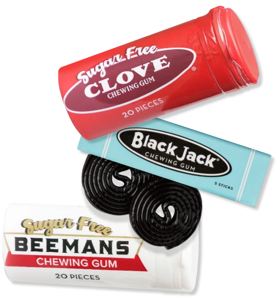 Sugar free clove, black jack, and sugar free beemans chewing gum with some ingredients